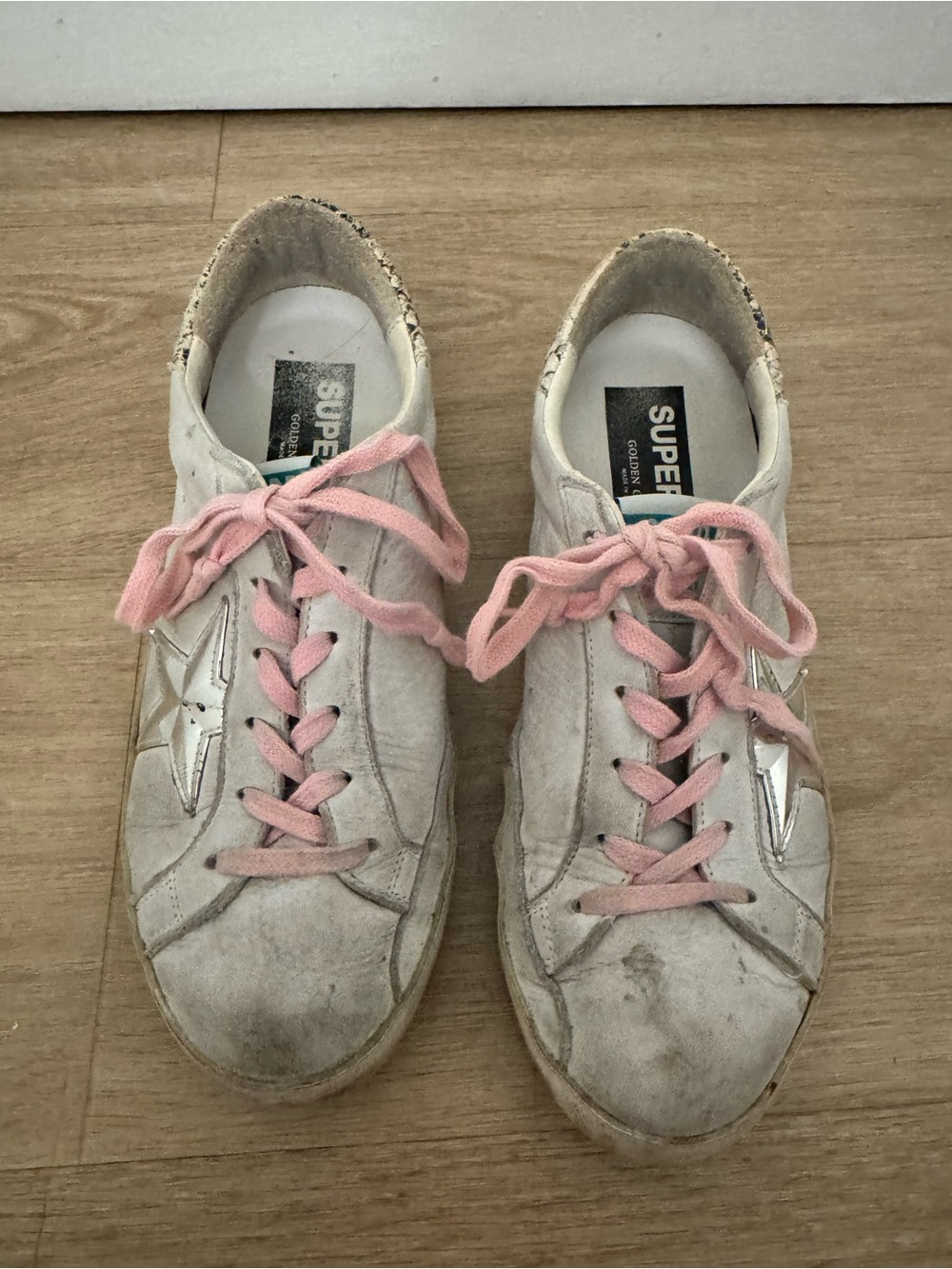 Golden Goose Superstar Style White Sneakers w/ Silver Star & Pink Laces